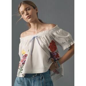 By Anthropologie Puff-Sleeve Tie-Front Embroidered Blouse | Size M